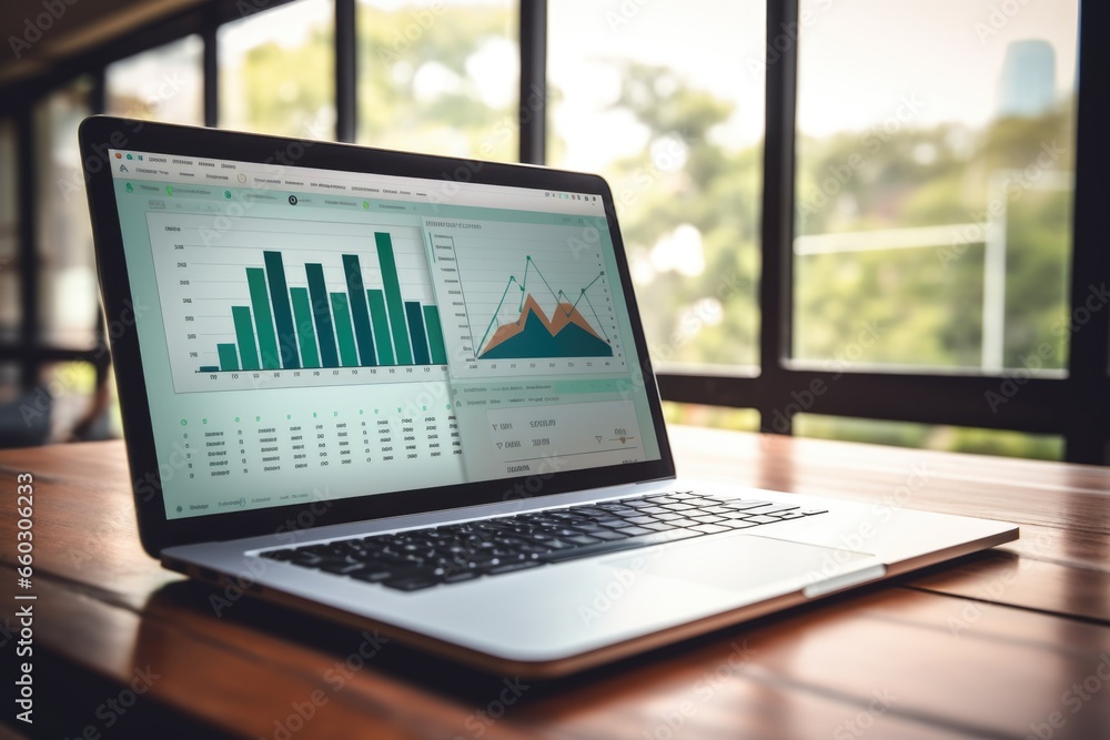 laptop Showing business analytics dashboard with charts, metrics, and KPI to analyze performance and create insight reports for operations management. Data analysis concept laptop Showing business analytics dashboard with charts, metrics, and KPI to analyze performance and create insight reports for operations management. Data analysis concept