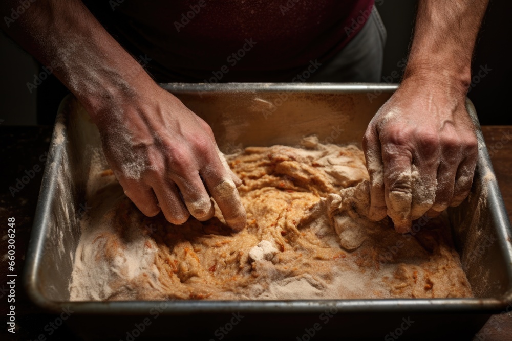 hands using a spatula to scrape dough into a bread tin hands using a spatula to scrape dough into a bread tin
