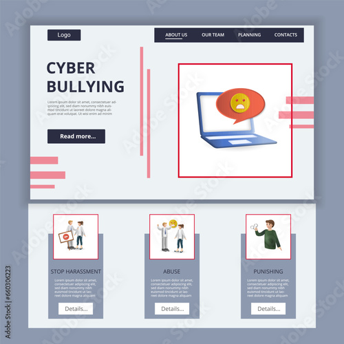 Cyber bullying flat landing page website template. Stop harassment, abuse, punishing. Web banner with header, content and footer. Vector illustration.