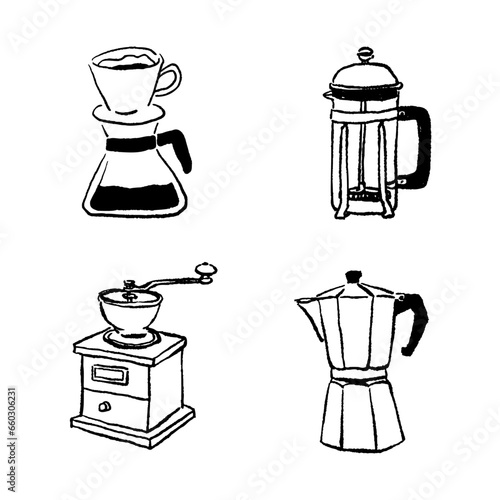 シンプルなコーヒー器具の手描きイラストセット