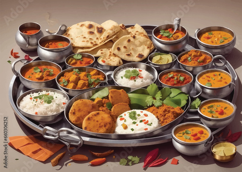 Assorted Indian food like paneer butter masala, dal, roti, rice, sabji, gulab jamun and bound raita served in bowls over moody background, selective focus
