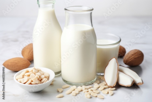 dairy alternative almond milk surrounded by almond shells