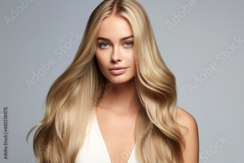woman with straight long blond hair in a photo shoot.