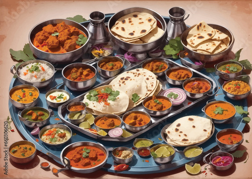 Assorted Indian food like paneer butter masala, dal, roti, rice, sabji, gulab jamun and bound raita served in bowls over moody background, selective focus
