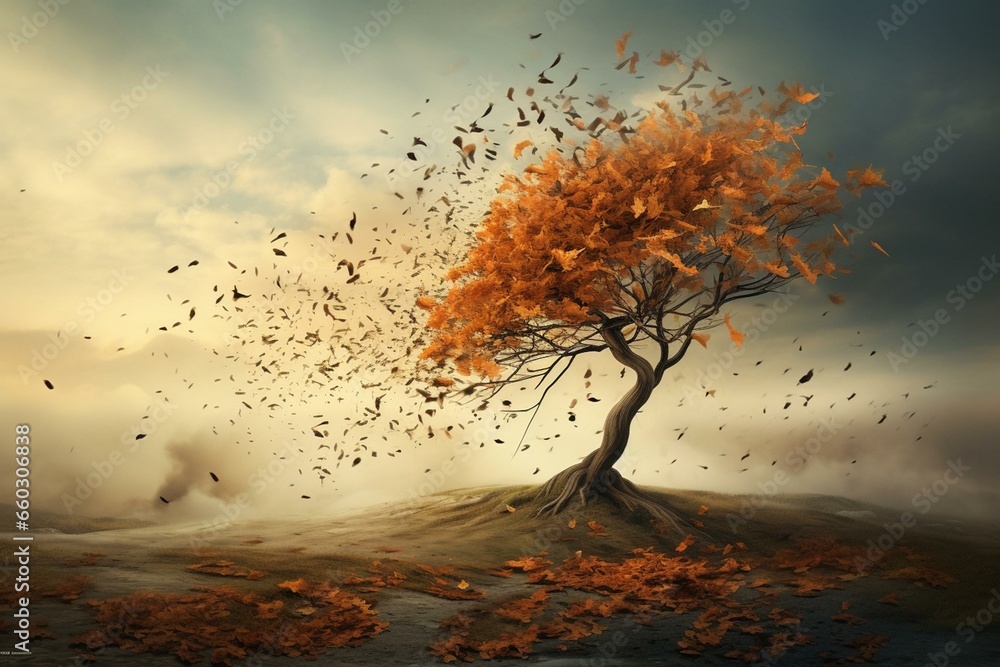 Artistic representation of memory loss as a tree losing leaves amid chaotic wind. Generative AI - obrazy, fototapety, plakaty 