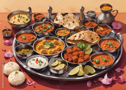 Assorted Indian food like paneer butter masala, dal, roti, rice, sabji, gulab jamun and bound raita served in bowls over moody background, selective focus
