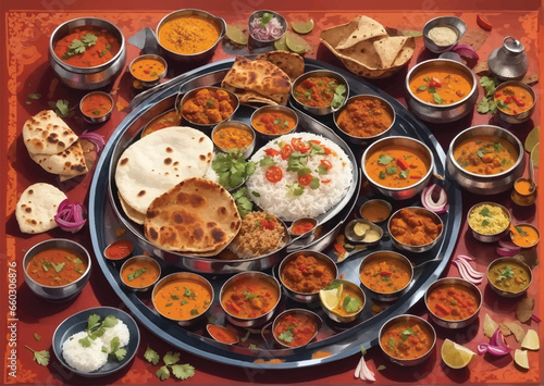 Assorted Indian food like paneer butter masala, dal, roti, rice, sabji, gulab jamun and bound raita served in bowls over moody background, selective focus
