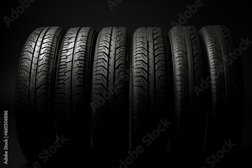 close-up of four tires against black. Generative AI © Natalya