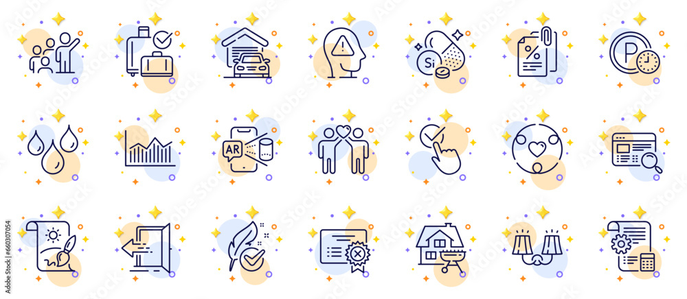 Outline set of Creative painting, Mental health and Waterproof line icons for web app. Include Inclusion, Settings blueprint, Augmented reality pictogram icons. Sconce light. Vector Outline set of Creative painting, Mental health and Waterproof line icons for web app. Include Inclusion, Settings blueprint, Augmented reality pictogram icons. Sconce light. Vector