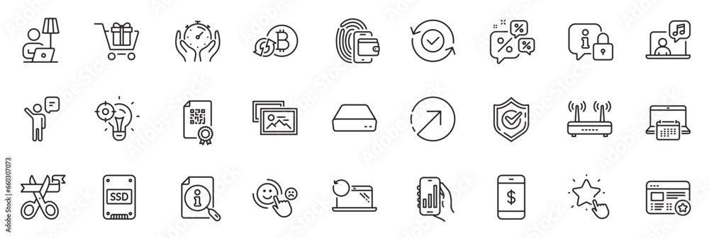 Icons pack as Qr code, Music and Favorite line icons for app include Security confirmed, Confirmed, Search outline thin icon web set. Cut ribbon, Direction, Wifi pictogram. Vector