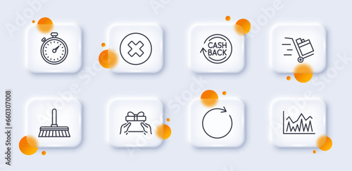 Timer, Investment and Cleaning mop line icons pack. 3d glass buttons with blurred circles. Cashback, Give present, Push cart web icon. Synchronize, Close button pictogram. Vector