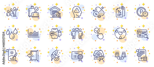 Outline set of Creative painting, Mental health and Waterproof line icons for web app. Include Inclusion, Settings blueprint, Augmented reality pictogram icons. Sconce light. Vector