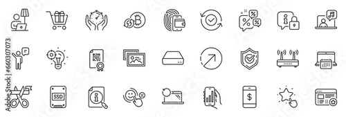Icons pack as Qr code, Music and Favorite line icons for app include Security confirmed, Confirmed, Search outline thin icon web set. Cut ribbon, Direction, Wifi pictogram. Vector