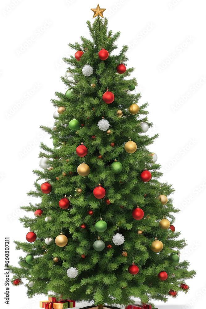 Decorated Christmas tree isolated on white background - Generative AI Decorated Christmas tree isolated on white background - Generative AI