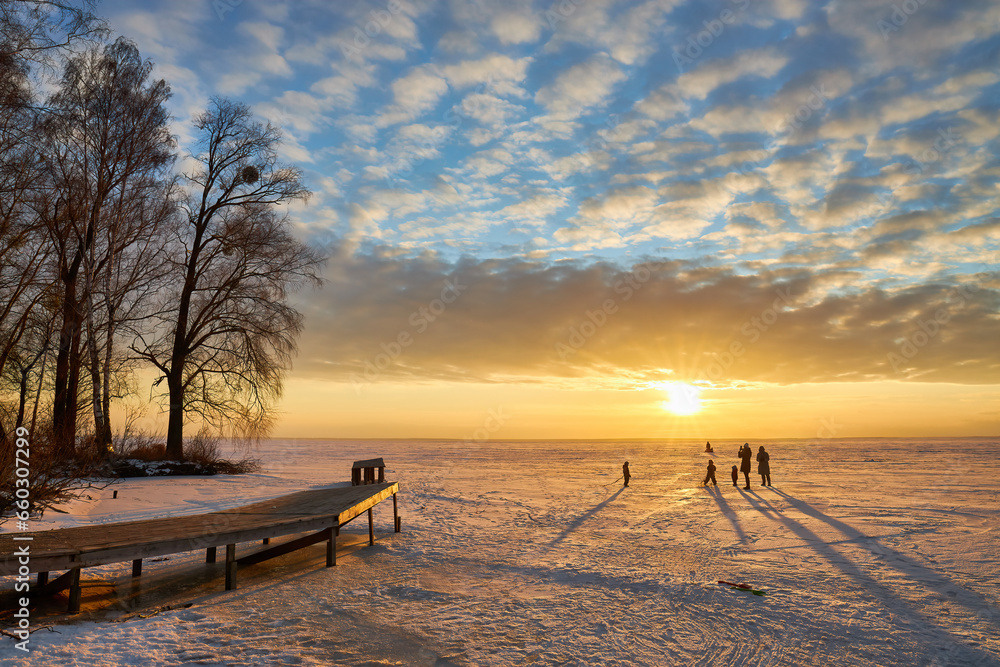 Winter Sunset Stroll on the Frozen Lake