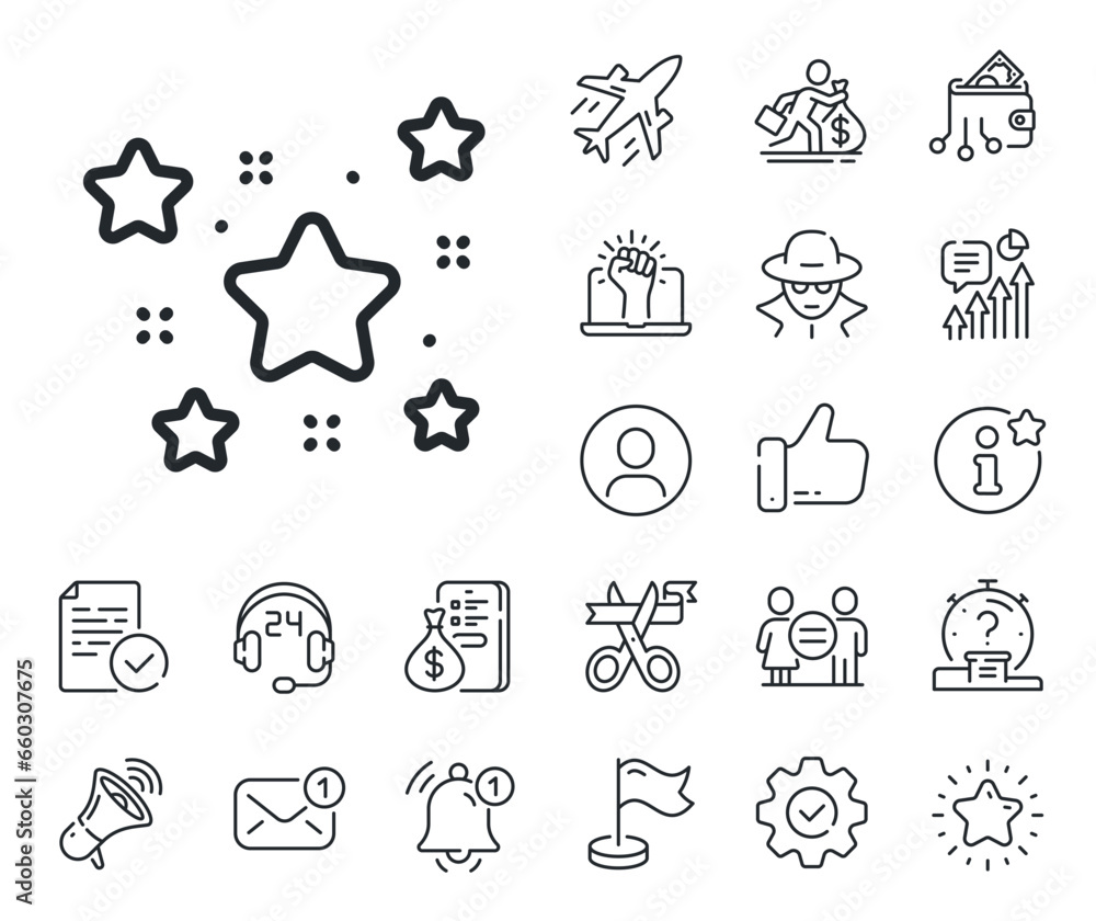 Best ranking sign. Salaryman, gender equality and alert bell outline icons. Stars line icon. Firework symbol. Stars line sign. Spy or profile placeholder icon. Online support, strike. Vector