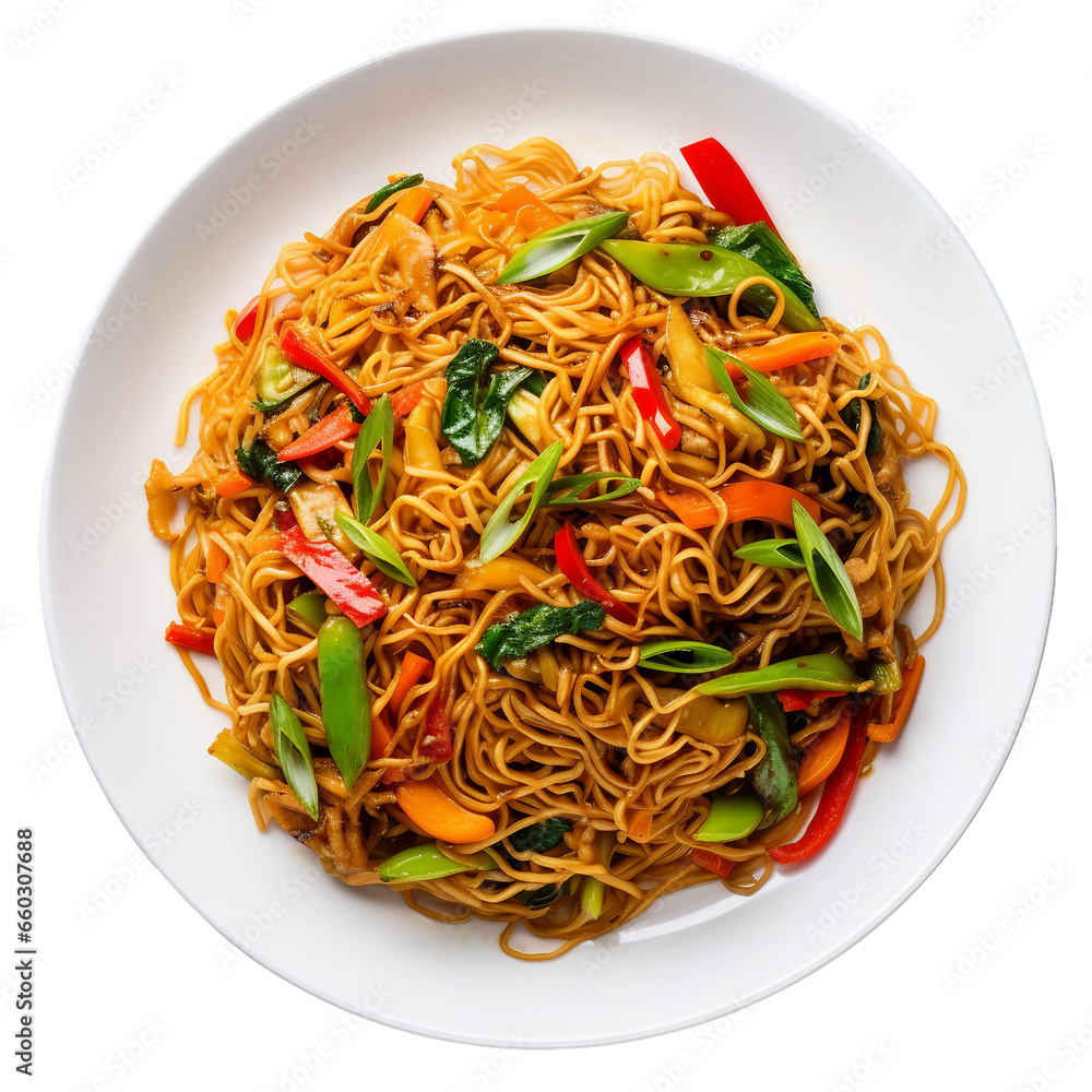 Stir-Fried Noodles with Vibrant Vegetables on a White Plate on transparent background.