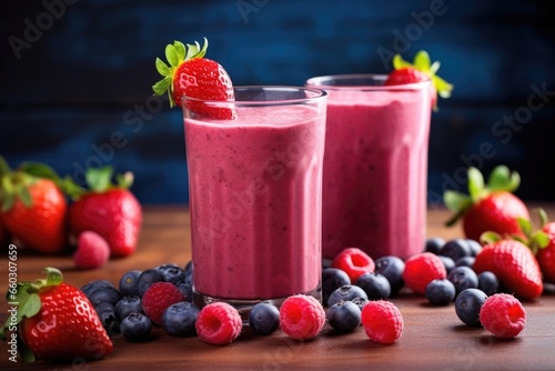 berry smoothie with fresh berries around