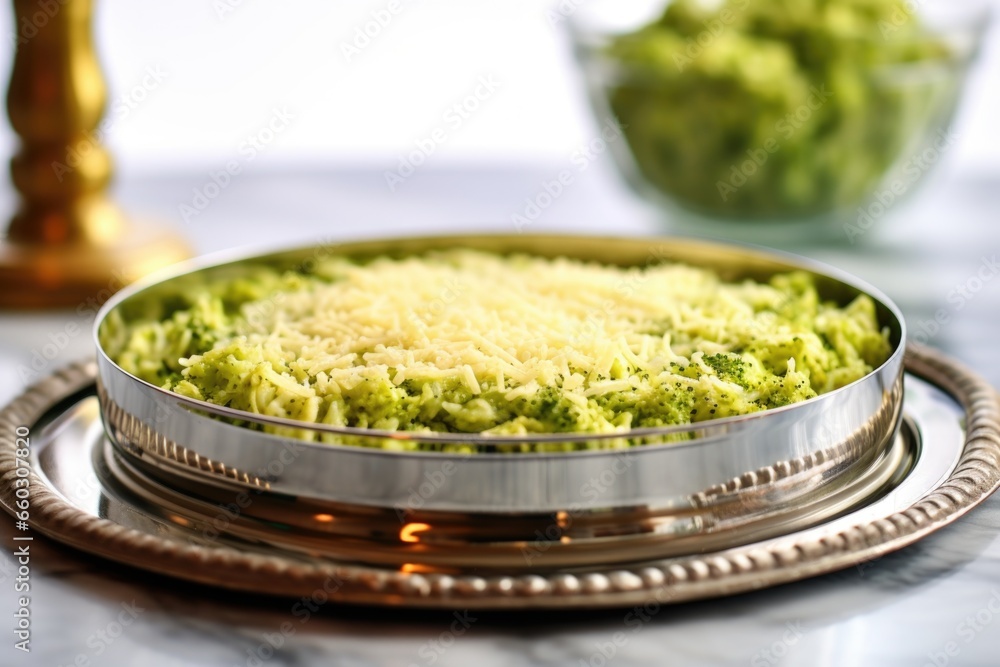 broccoli rice serving on a round mirrored dish