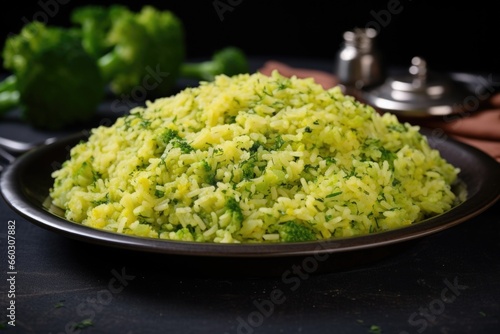 broccoli rice in a square plate on a black table