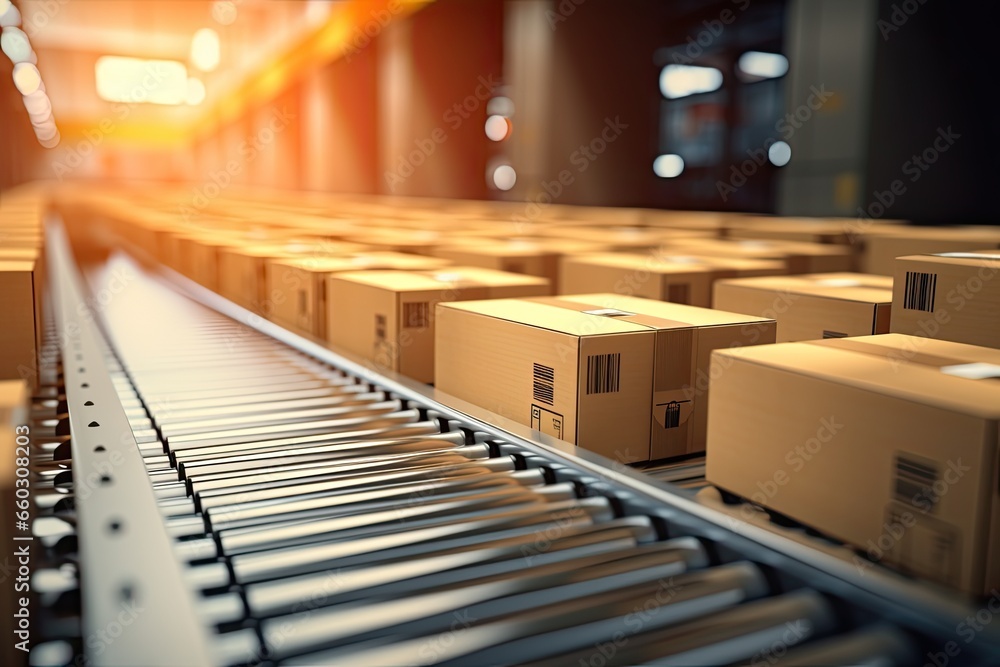 Multiple cardboard box packages seamlessly moving along belt in a warehouse center, Logistics, commerce, delivery. Multiple cardboard box packages seamlessly moving along belt in a warehouse center, Logistics, commerce, delivery.
