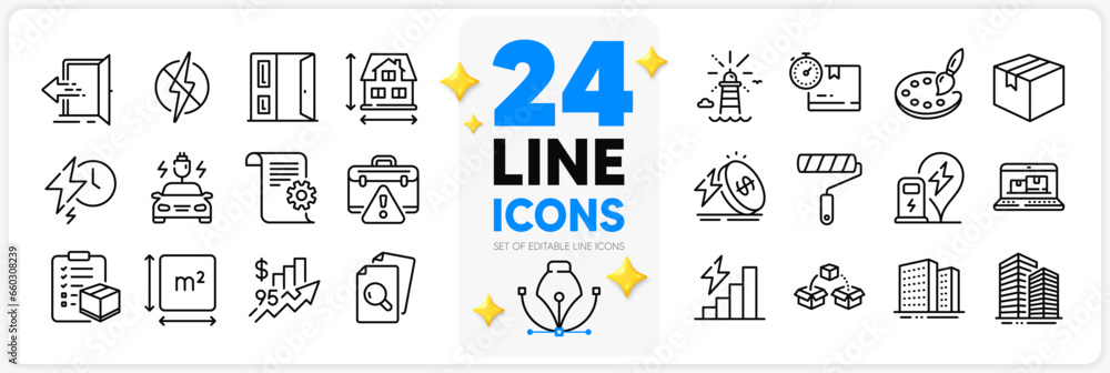 Icons set of Open door, Inspect and Antistatic line icons pack for app with Energy price, Entrance, Warning briefcase thin outline icon. Car charging, Square area, Parcel shipping pictogram. Vector Icons set of Open door, Inspect and Antistatic line icons pack for app with Energy price, Entrance, Warning briefcase thin outline icon. Car charging, Square area, Parcel shipping pictogram. Vector