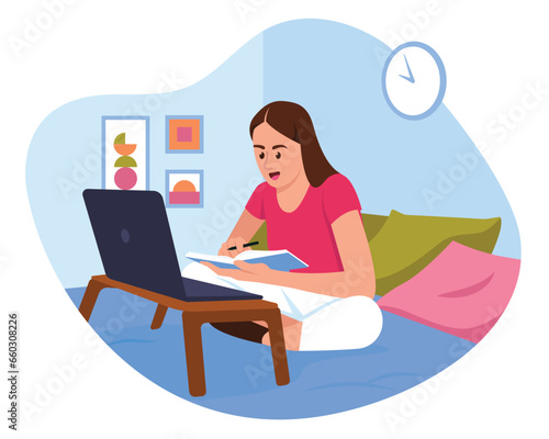 Vector illustration with a girl working at home. Cartoon scene with a girl sitting in a room on a bed with a clock, posters on the wall, a notebook and a laptop on a white background.Learning online.