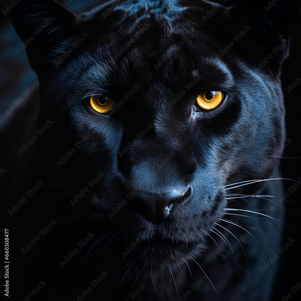 close up detailed portrait of black panther animal, generative ai