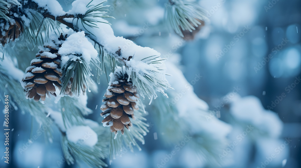 Pine Branch with Snow and Cones: Snowfall Scenery - obrazy, fototapety, plakaty 