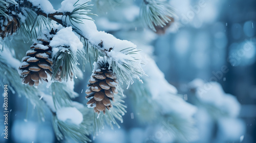 Pine Branch with Snow and Cones: Snowfall Scenery photo
