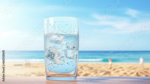 glass of water on the beach