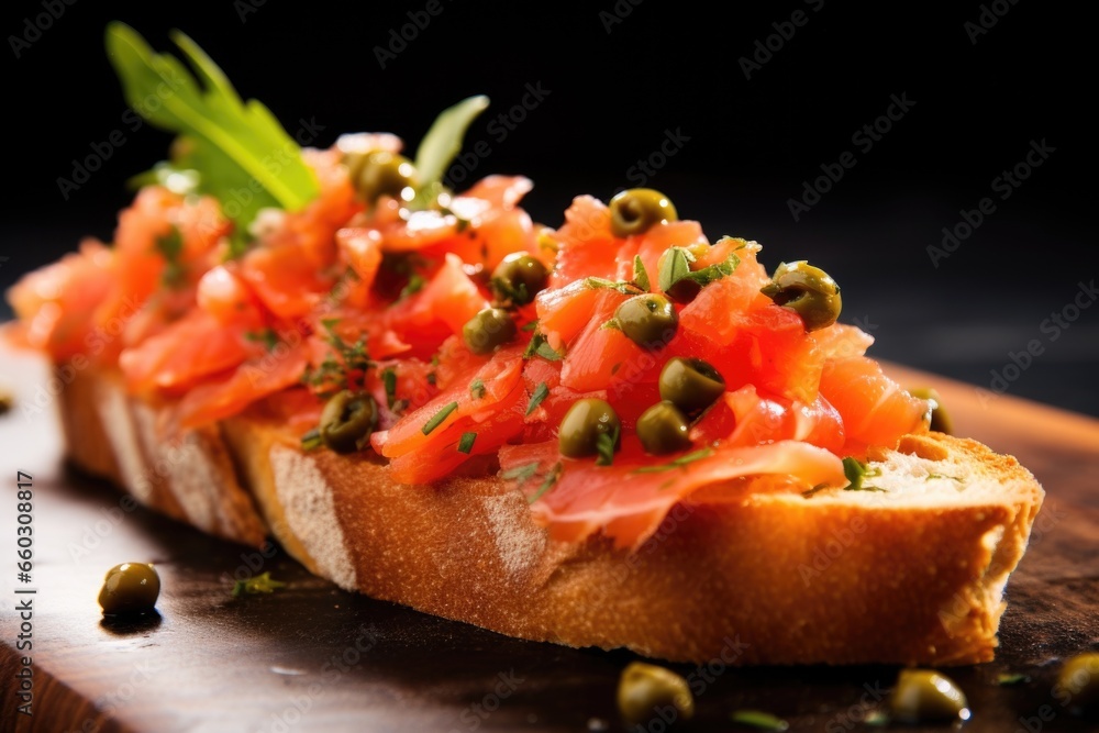 close-up of a single piece of bruschetta with capers and tomato close-up of a single piece of bruschetta with capers and tomato