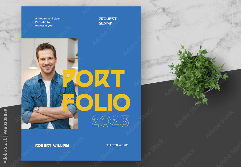 Blue and Yellow Minimalist Project Portfolio Stock Template | Adobe Stock