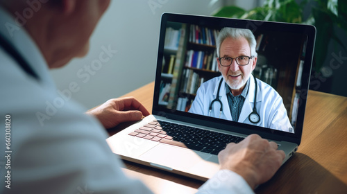 Ein Patient hält eine Videokonferenz von zu Hause aus mit seinem Arzt über den Laptop.  Diagnostik und Therapie mit Telemedizin im Gesundheitswesen.  Virtuelle Arztsprechstunde photo