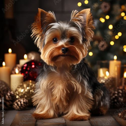 yorkshire terrier with christmas decorations © marimalina