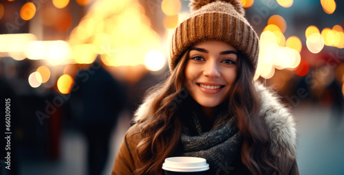 person with a cup of coffee in the christmas street