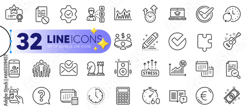 Outline set of Calendar, Account and Timer line icons for web with Time management, Inspect, Payment thin icon. Time, Stress grows, Instruction manual pictogram icon. Question mark. Vector