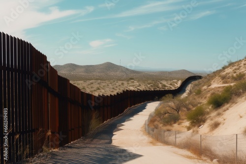 Usa mexico border. Landscape nature view of metal fence. Generate Ai photo