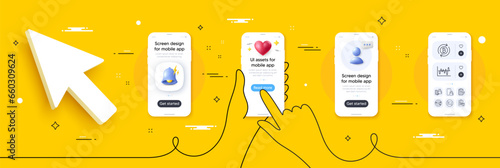 No card, Phone wallet and Refresh bitcoin line icons pack. Phone screen mockup with 3d alert bell, health and headshot. Change money, Checklist, Stock analysis web icon. Vector
