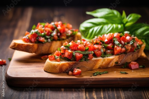 bruschetta on a wooden board  sprinkled with chopped fresh basil