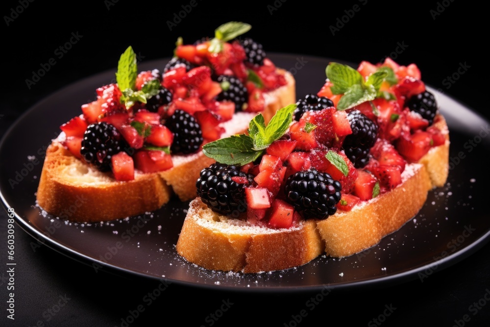 three pieces of berry bruschetta arranged neatly on a black plate three pieces of berry bruschetta arranged neatly on a black plate