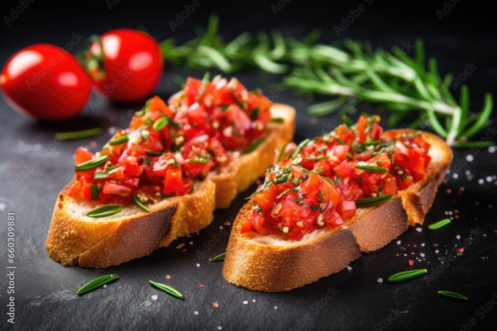 bruschetta with scattered rosemary on a minimalistic background bruschetta with scattered rosemary on a minimalistic background
