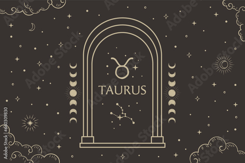 Taurus zodiac sign, Constellation illustration with dark night sky.