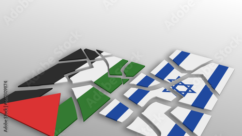 Vector 3d flags of Palestine and Israel split into small pieces. Conflict, fighting, war. Light gray background.