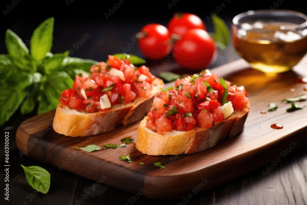 bruschetta on board with garlic bulb by side bruschetta on board with garlic bulb by side