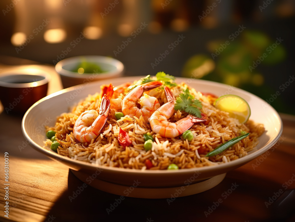 Delicious Fried Rice with Fried Prawns in a Bowl, Asian Cuisine, Close-Up Delicious Fried Rice with Fried Prawns in a Bowl, Asian Cuisine, Close-Up