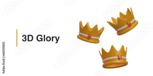 Horizontal poster with 3d realistic crowns in different positions. Model for computer game. Crowns for coronation and awards in game Horizontal vector illustration