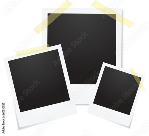 Three blank polaroid pictures with shadow isolated on white background. Empty picture frames.