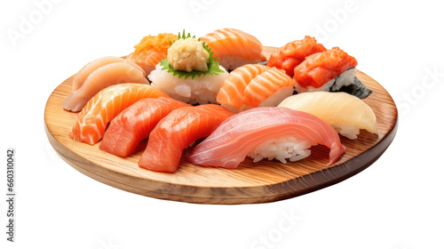Sushi big set for japanese food serving on wooden plate isolated on transparent background. Generative Ai