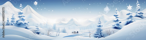 A panoramic serene winter landscape under the glow of a full moon, featuring snow-covered trees and a gentle snowfall, capturing the quiet beauty of a winter's night